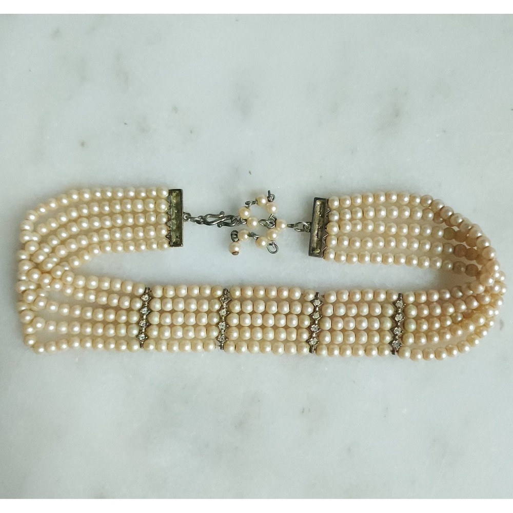 VTG Pearl Choker Necklace OS Cream 5-Strand Rhinestone Spacer Bridgerton Glam